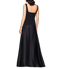 Betsy & Adam Long Square Neck Scuba Crepe Back With Satin Drop Waist
