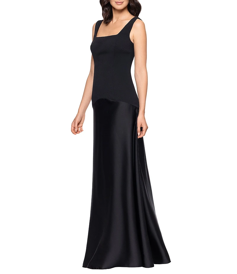 Betsy & Adam Long Square Neck Scuba Crepe Back With Satin Drop Waist