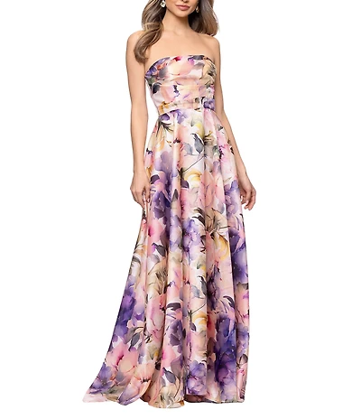 Betsy & Adam Long Strapless Floral Print Dress