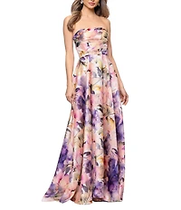 Betsy & Adam Long Strapless Floral Print Dress
