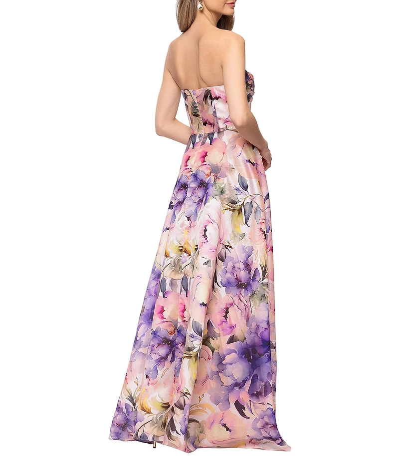 Betsy & Adam Long Strapless Floral Print Dress
