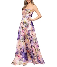Betsy & Adam Long Strapless Floral Print Dress