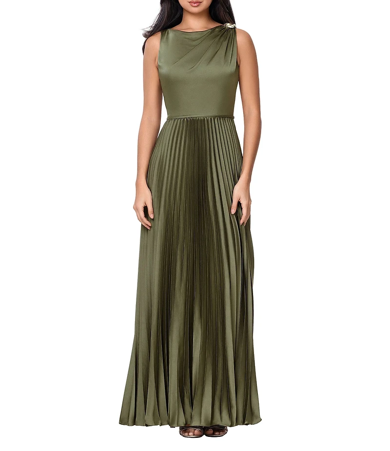 Betsy & Adam Long Stretch Charmeuse Pleated Gown