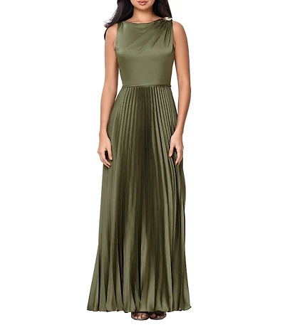 Betsy & Adam Long Stretch Charmeuse Pleated Gown