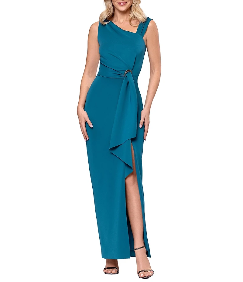 Betsy & Adam Long Techno Scuba Asymmetrical Neck Dress