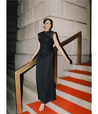 Betsy & Adam Matte Jersey Lace Mock Neck Sleeveless Ruched Sheath Gown