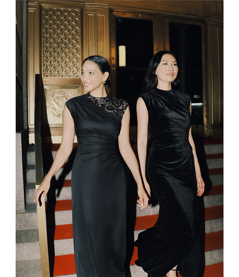 Betsy & Adam Matte Jersey Lace Mock Neck Sleeveless Ruched Sheath Gown