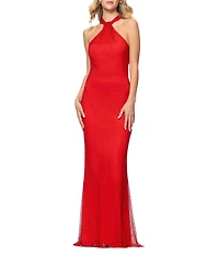 Betsy & Adam Mesh Rhinestone Halter Neck Sleeveless Sheath Gown