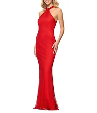 Betsy & Adam Mesh Rhinestone Halter Neck Sleeveless Sheath Gown