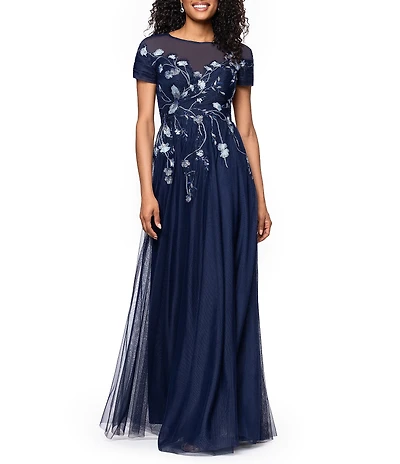 Betsy & Adam Mesh Short Sleeve Floral Sequin Embroidered A-Line Gown