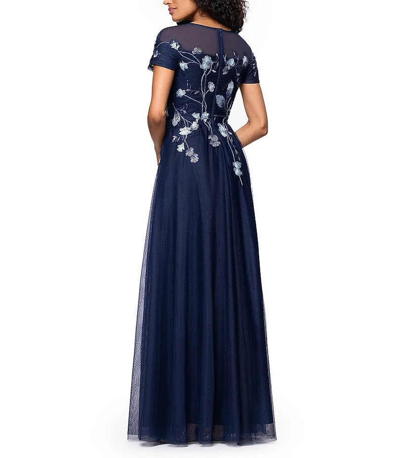 Betsy & Adam Mesh Short Sleeve Floral Sequin Embroidered A-Line Gown