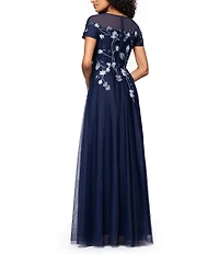 Betsy & Adam Mesh Short Sleeve Floral Sequin Embroidered A-Line Gown
