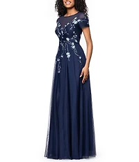 Betsy & Adam Mesh Short Sleeve Floral Sequin Embroidered A-Line Gown