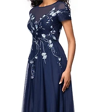 Betsy & Adam Mesh Short Sleeve Floral Sequin Embroidered A-Line Gown
