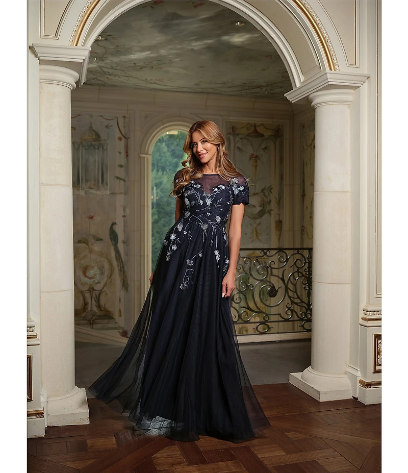 Betsy & Adam Mesh Short Sleeve Floral Sequin Embroidered A-Line Gown