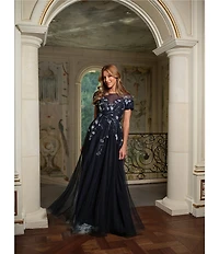 Betsy & Adam Mesh Short Sleeve Floral Sequin Embroidered A-Line Gown