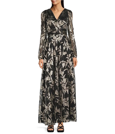Betsy & Adam Metallic Crinkle Long-Sleeve V-Neck Floral A-Line Gown