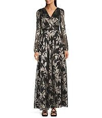 Betsy & Adam Metallic Crinkle Long-Sleeve V-Neck Floral A-Line Gown