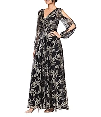 Betsy & Adam Metallic Crinkle Long-Sleeve V-Neck Floral A-Line Gown