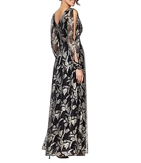 Betsy & Adam Metallic Crinkle Long-Sleeve V-Neck Floral A-Line Gown