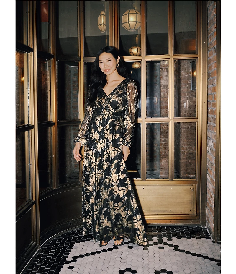 Betsy & Adam Metallic Crinkle Long-Sleeve V-Neck Floral A-Line Gown