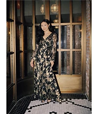 Betsy & Adam Metallic Crinkle Long-Sleeve V-Neck Floral A-Line Gown