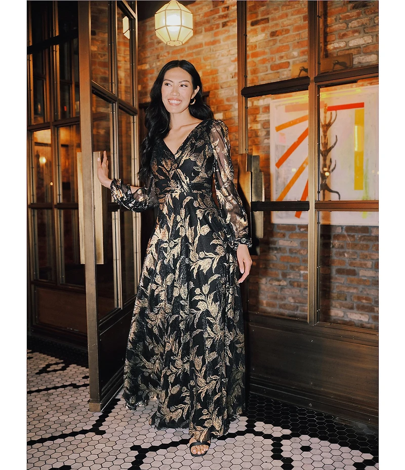 Betsy & Adam Metallic Crinkle Long-Sleeve V-Neck Floral A-Line Gown