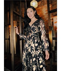 Betsy & Adam Metallic Crinkle Long-Sleeve V-Neck Floral A-Line Gown