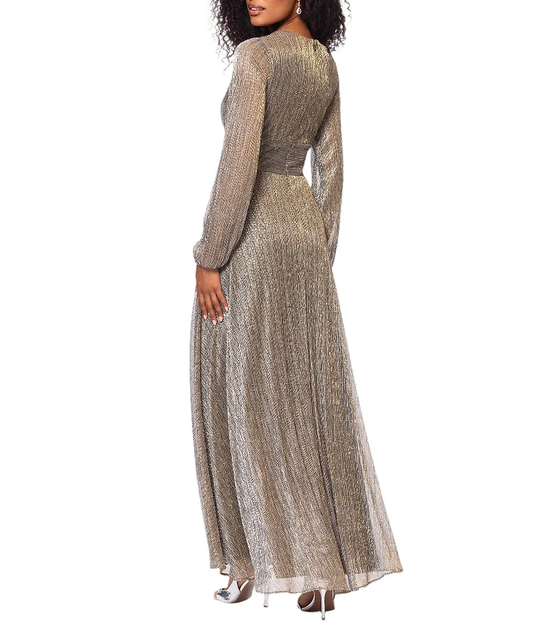 Betsy & Adam Metallic Crinkle V-Neck Long Sleeve Wrap Bodice Gown