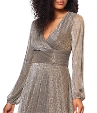 Betsy & Adam Metallic Crinkle V-Neck Long Sleeve Wrap Bodice Gown