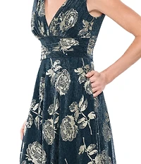 Betsy & Adam Metallic Floral Print Gown