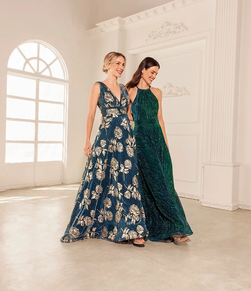Betsy & Adam Metallic Floral Print Gown