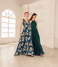 Betsy & Adam Metallic Floral Print Gown