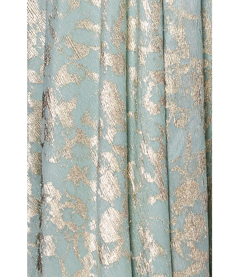 Betsy & Adam Metallic Knit Foiled Print V Neck Long Sleeve A-Line Gown