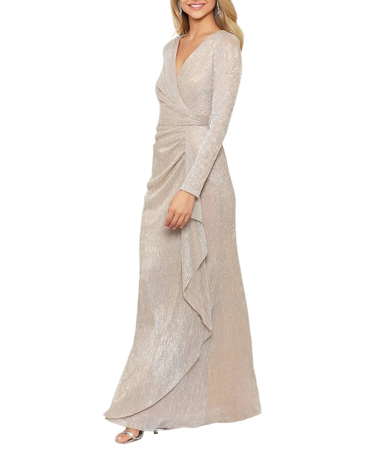 Betsy & Adam Metallic Knit V-Neck Long Sleeve A-Line Gown