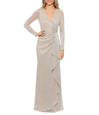 Betsy & Adam Metallic Knit V-Neck Long Sleeve A-Line Gown