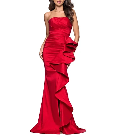 Betsy & Adam Mikado Strapless Gown With Cascading Ruffle