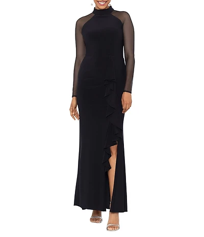 Betsy & Adam Mock Neck Illusion Long Sleeve Ruffled Scuba Crepe Mesh Gown