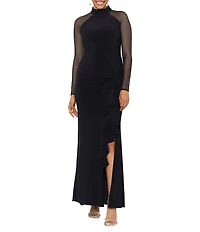 Betsy & Adam Mock Neck Illusion Long Sleeve Ruffled Scuba Crepe Mesh Gown