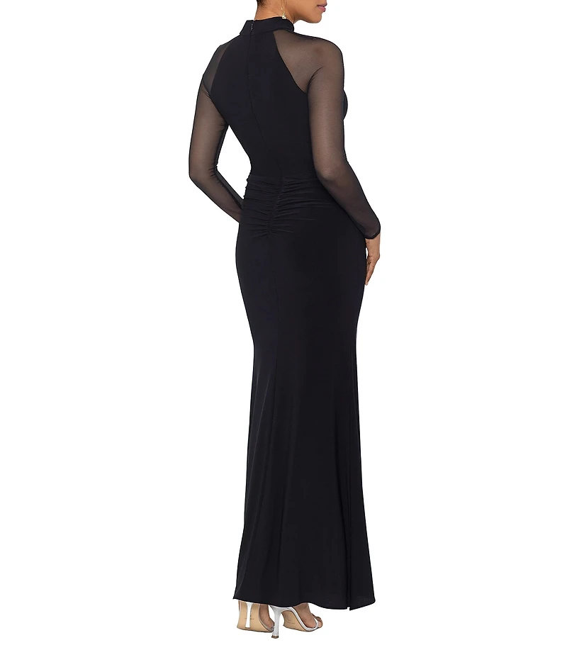 Betsy & Adam Mock Neck Illusion Long Sleeve Ruffled Scuba Crepe Mesh Gown