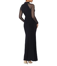 Betsy & Adam Mock Neck Illusion Long Sleeve Ruffled Scuba Crepe Mesh Gown