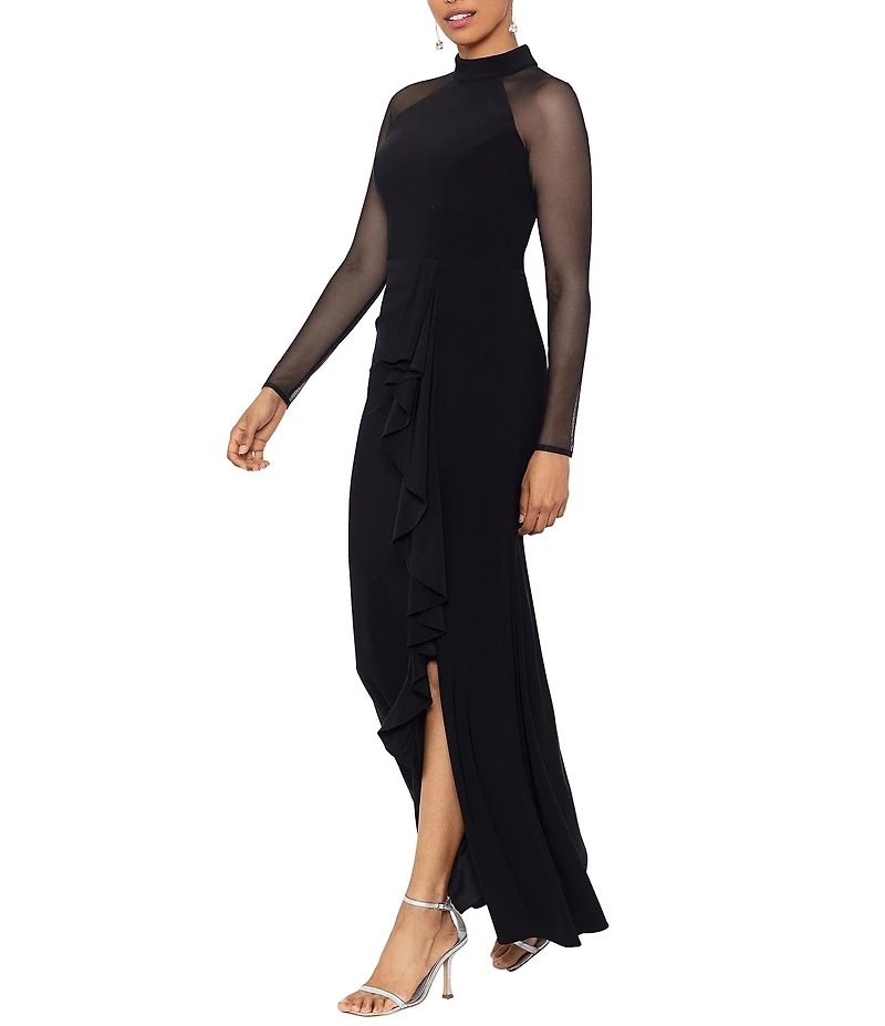 Betsy & Adam Mock Neck Illusion Long Sleeve Ruffled Scuba Crepe Mesh Gown