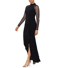 Betsy & Adam Mock Neck Illusion Long Sleeve Ruffled Scuba Crepe Mesh Gown