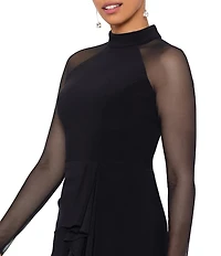 Betsy & Adam Mock Neck Illusion Long Sleeve Ruffled Scuba Crepe Mesh Gown