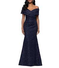 Betsy & Adam Off-The-Shoulder Cap Sleeve Stretch Jacquard Brocade Mermaid Gown
