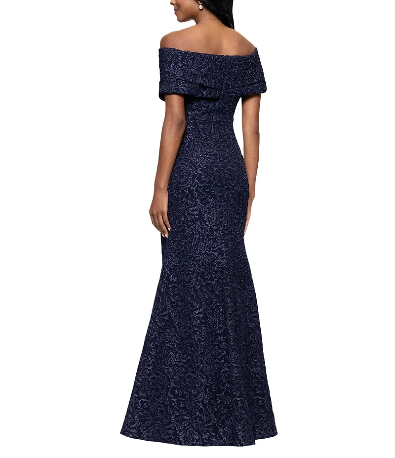 Betsy & Adam Off-The-Shoulder Cap Sleeve Stretch Jacquard Brocade Mermaid Gown