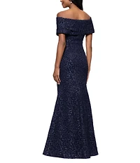 Betsy & Adam Off-The-Shoulder Cap Sleeve Stretch Jacquard Brocade Mermaid Gown
