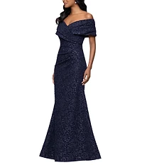Betsy & Adam Off-The-Shoulder Cap Sleeve Stretch Jacquard Brocade Mermaid Gown