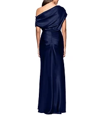 Betsy & Adam Off-The-Shoulder Charmeuse Drop Neck Ruched Long Dress