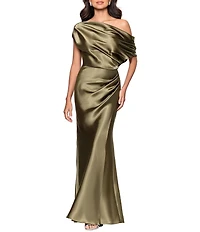 Betsy & Adam Off-The-Shoulder Charmeuse Drop Neck Ruched Long Dress